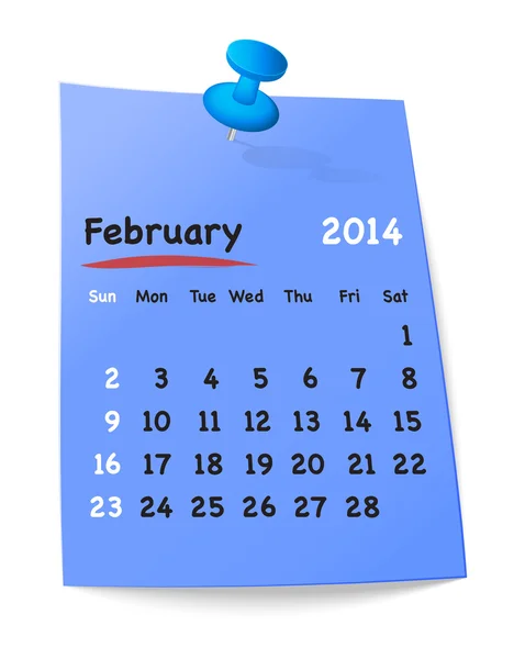 Kalender für Februar 2014 auf blauem Klebezettel beigefügt mit blu — Stockvektor