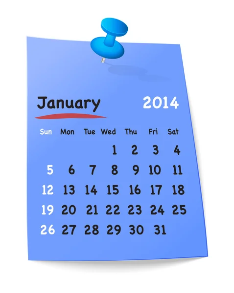 Calendario gennaio 2014 su nota blu appiccicosa allegata con blu — Vettoriale Stock