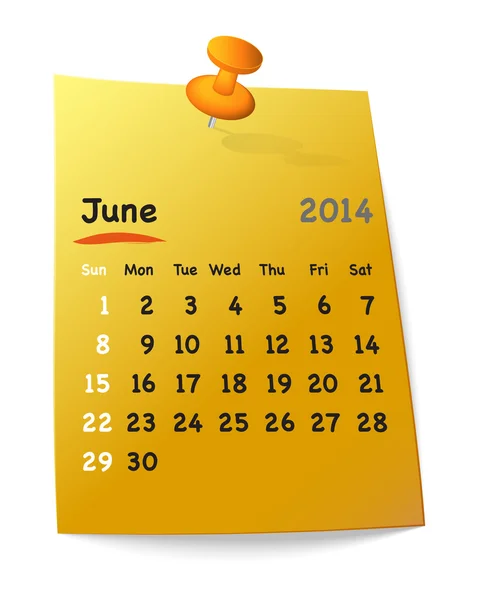 Календарь на июнь 2014 года на апельсиновую липкую ноту, прикрепленную оранжевым — стоковый вектор