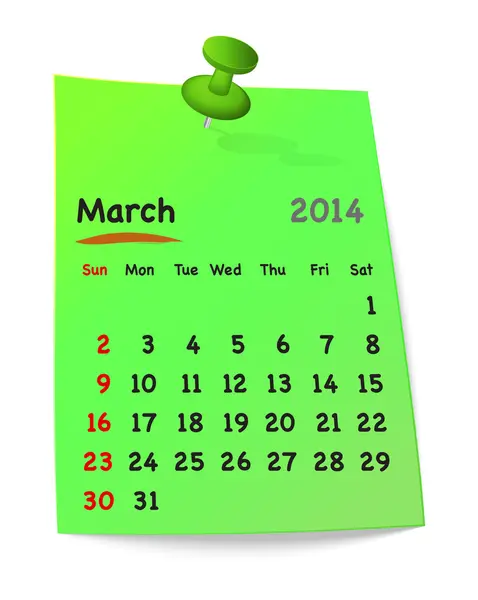 Календарь на март 2014 года на зеленой липкой ноте, прикрепленной зеленым — стоковый вектор