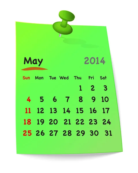 Kalender für Mai 2014 auf grünem Klebezettel mit grünem p — Stockvektor