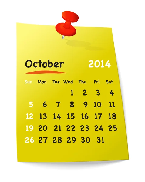 Calendar for october 2014 on yellow sticky note attached with or — Stock Vector