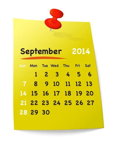 Calendário para setembro 2014 na nota pegajosa amarela anexada com —  Vetores de Stock