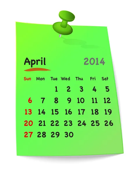 Календарь на апрель 2014 года на зеленую липкую ноту, прикрепленную зеленым — стоковый вектор
