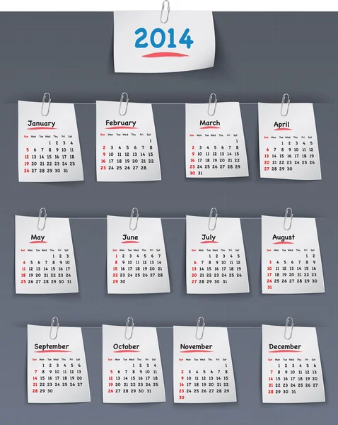 Календар на 2014 рік на липких нотах, прикріплених до білизни — стоковий вектор