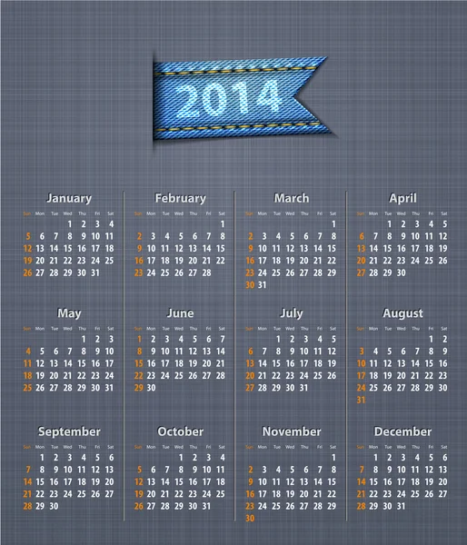 Calendario elegante per il 2014 su struttura di tela di lino con inserimento di jeans — Vettoriale Stock