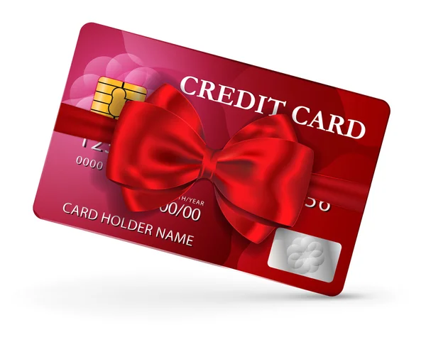 Kırmızı kurdele ve yay ile kredi kartı veya bankamatik kartı tasarımı — Stok Vektör
