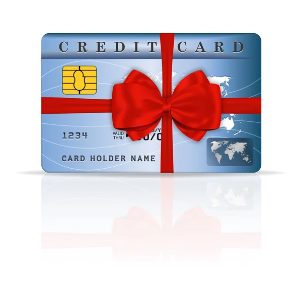 Credit or debit card design with red ribbon and bow — Stock Vector