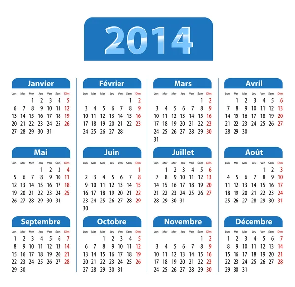 Blauwe glanzende kalender voor 2014 jaar in Frans — Stockvector