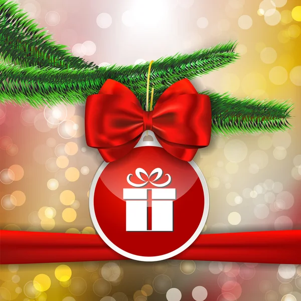 Fiocco rosso e adesivo rosso con cartello regalo appeso all'albero di Natale — Vettoriale Stock