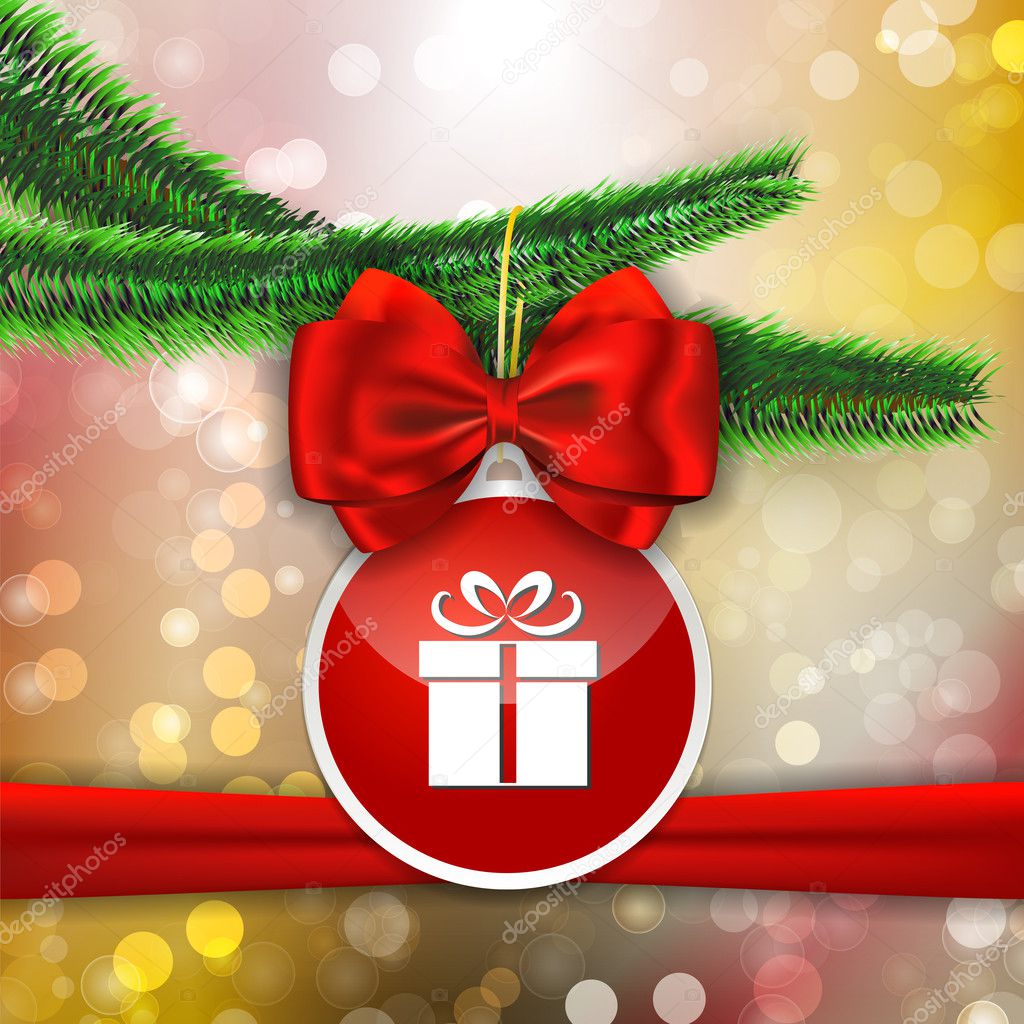 Red bow and red sticker with gift sign hanging on Christams tree Stock