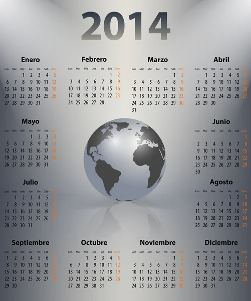 Calendario per l'anno 2014 in spagnolo con il mondo in un posto — Vettoriale Stock