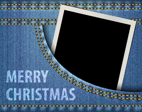 Merry Christmas greeting and blank photo frame in blue jeans poc - Stok Vektor