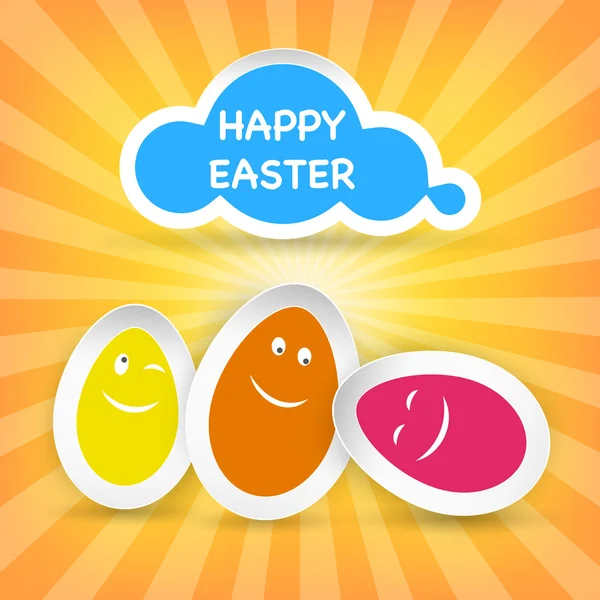 Smiley Easter Eggs and Happy Easter greeting on a cloud — Stock Vector