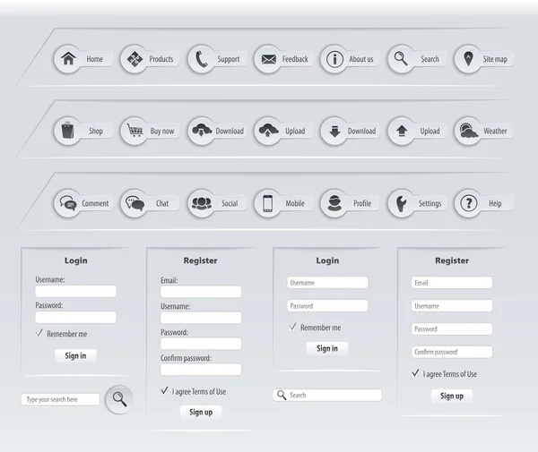 Formularios e iconos de diseño web con etiquetas de texto — Vector de stock