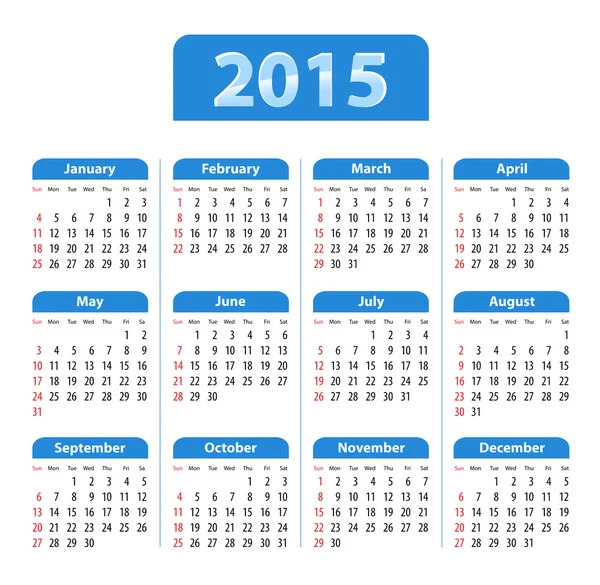 Calendario Inglés 2015 azul — Vector de stock