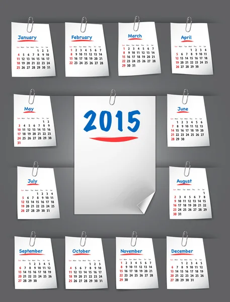 Calendar for 2015 on sticky notes attached with clip — Stock Vector