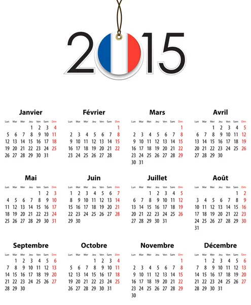 Griglia calendario francese per il 2015 con bandiera come tag — Vettoriale Stock