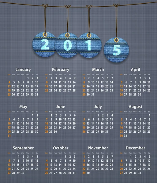 Stijlvolle Engels kalender voor het jaar 2015 op linnen textuur met jeans ta — Stockvector