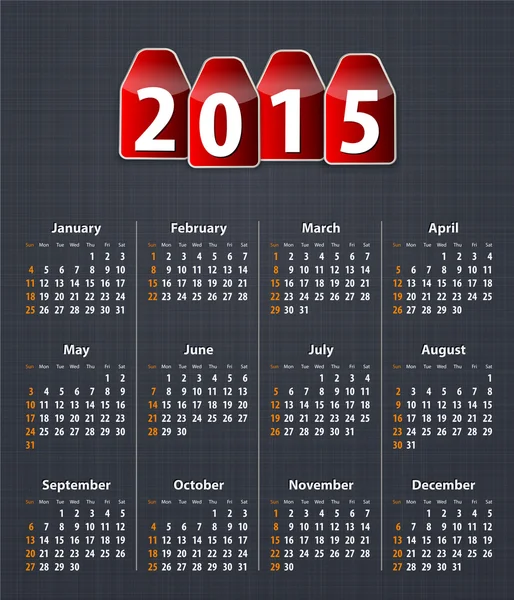 Calendario con estilo para 2015 en la textura de lino con etiquetas rojas — Vector de stock