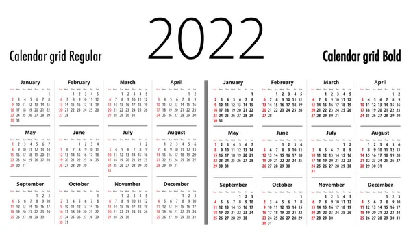 Сітка Календаря 2022 Рік Спочатку Неділі Регулярні Жирні Цифри Сітки — стоковий вектор
