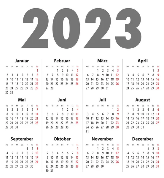 German Deutsch Calendar Grid Regular Digits 2023 Best Calendar Print — Wektor stockowy
