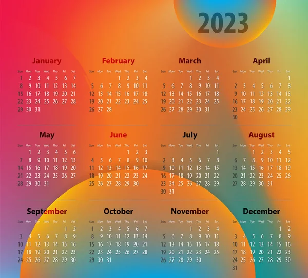 Calendar 2023 Year Colorful Background Sundays First Vector Illustration — Stok Vektör