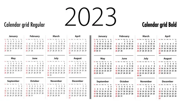 Сітка Календаря 2023 Спочатку Неділі Регулярні Жирні Цифри Сітки Потреб — стоковий вектор