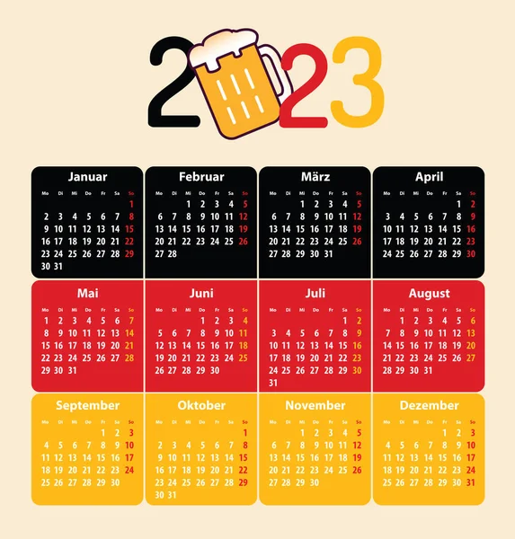 German Calendar Whole 2023 Cup Beer National Flag Colors German — Stock Vector