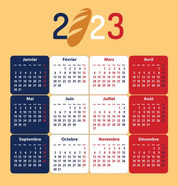 パンのバトンとフランスの国旗の色で全体の2023年のフランスのカレンダー ベクターイラスト — ストックベクタ
