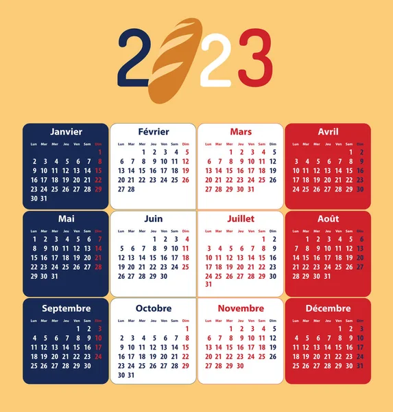 Calendrier Français Pour 2023 Entier Avec Bâton Pain Couleurs Drapeau — Image vectorielle