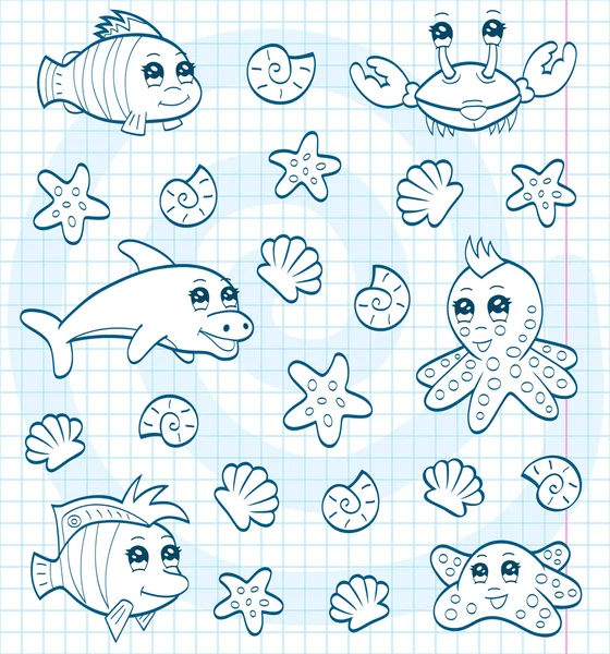 Cute sea animals (coloring book) — Stock Vector