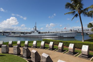 pearl Harbor anıtla arka planda denizaltı uss kel balık