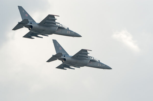 Yak-130 attack trainers fly in formation