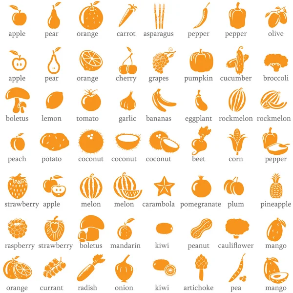 Conjunto de frutas y verduras iconos — Vector de stock