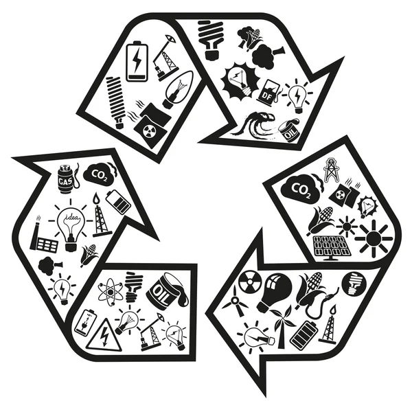Icone dell'energia e delle risorse nella freccia del riciclo — Vettoriale Stock