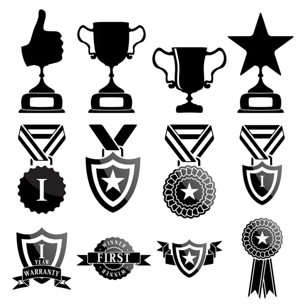 Conjunto de trofeo negro e iconos de premios — Archivo Imágenes Vectoriales