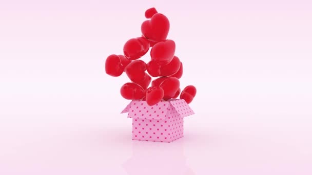 Caja de regalo de vacaciones abierta con corazones rojos de flujo. Día de San Valentín — Vídeo de stock