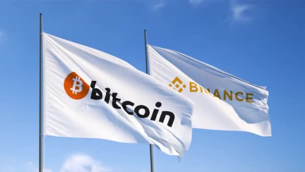 A bitcoin zászlói és a binance csere a szélben lebegnek — Stock videók