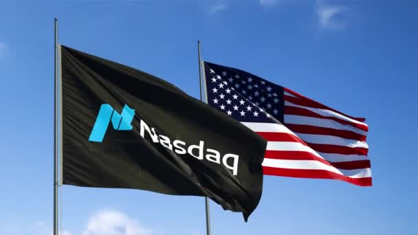 Nasdaq a americké vlajky se třepotají ve větru — Stock video