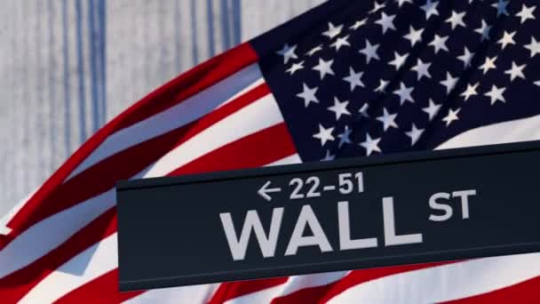 アメリカの国旗とニューヨーク証券取引所の背景のウォール街の道路標識 — ストック動画
