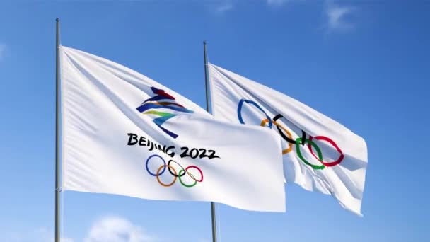 Le bandiere delle Olimpiadi di Pechino sventolano nel vento — Video Stock