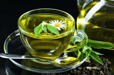 bardak yeşil çay ve yeşil yaprakları ile.