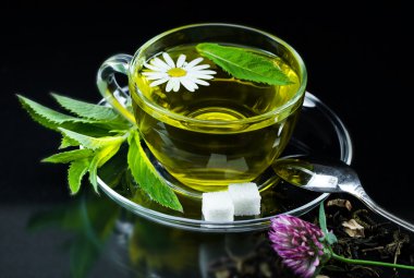 bardak yeşil çay ve yeşil yaprakları ile.