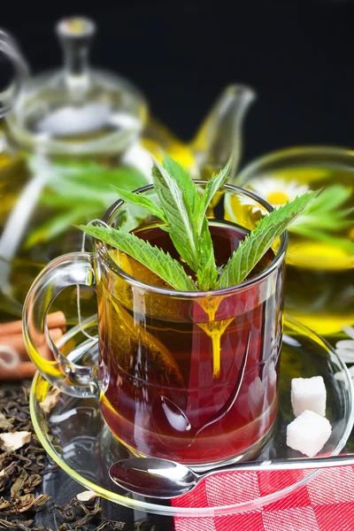Pohár s zelený čaj a zelenými listy. — Stock fotografie