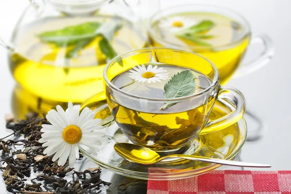 Cup with green tea and green leaves. — Stock Photo, Image