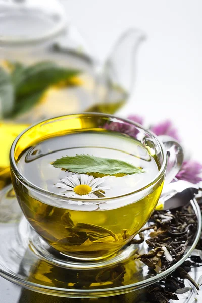 Cup with green tea and green leaves. — Stock Photo, Image