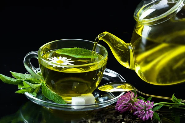 Kopp med grönt te och gröna blad. — Stockfoto
