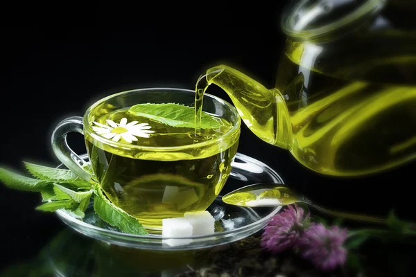 Cup with green tea and green leaves. — Stock Photo, Image