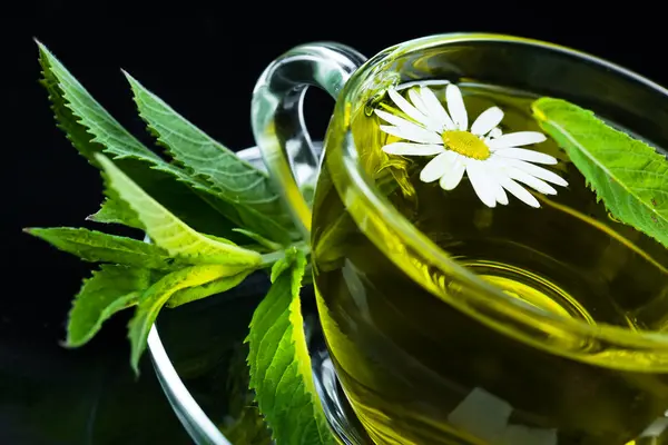 Tasse mit grünem Tee und grünen Blättern. — Stockfoto